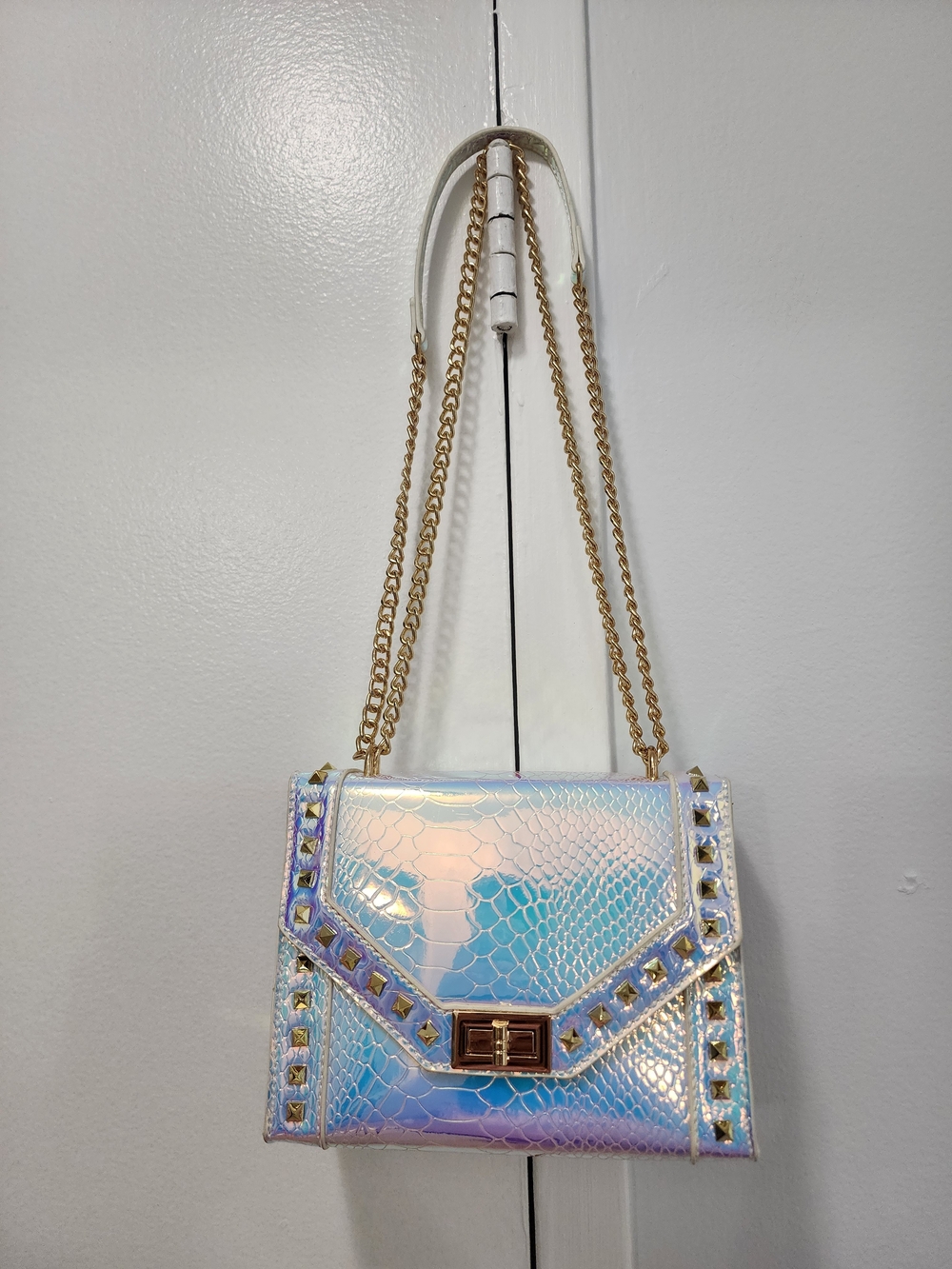 Iridescent Holographic Studded Shoulder Bag - White